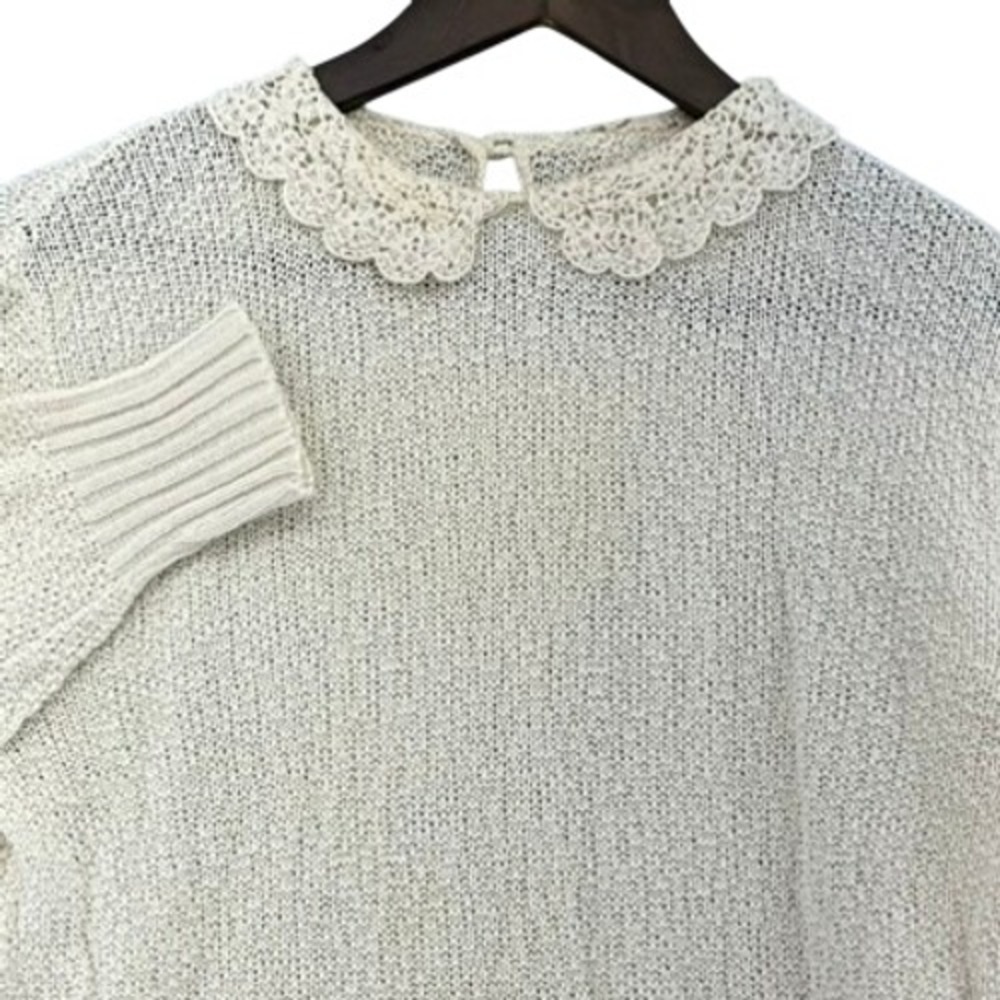 60s Glamour Knit Vintage Cream Crochet‎ Lace Collar Pointelle Knit Sweater Sz M